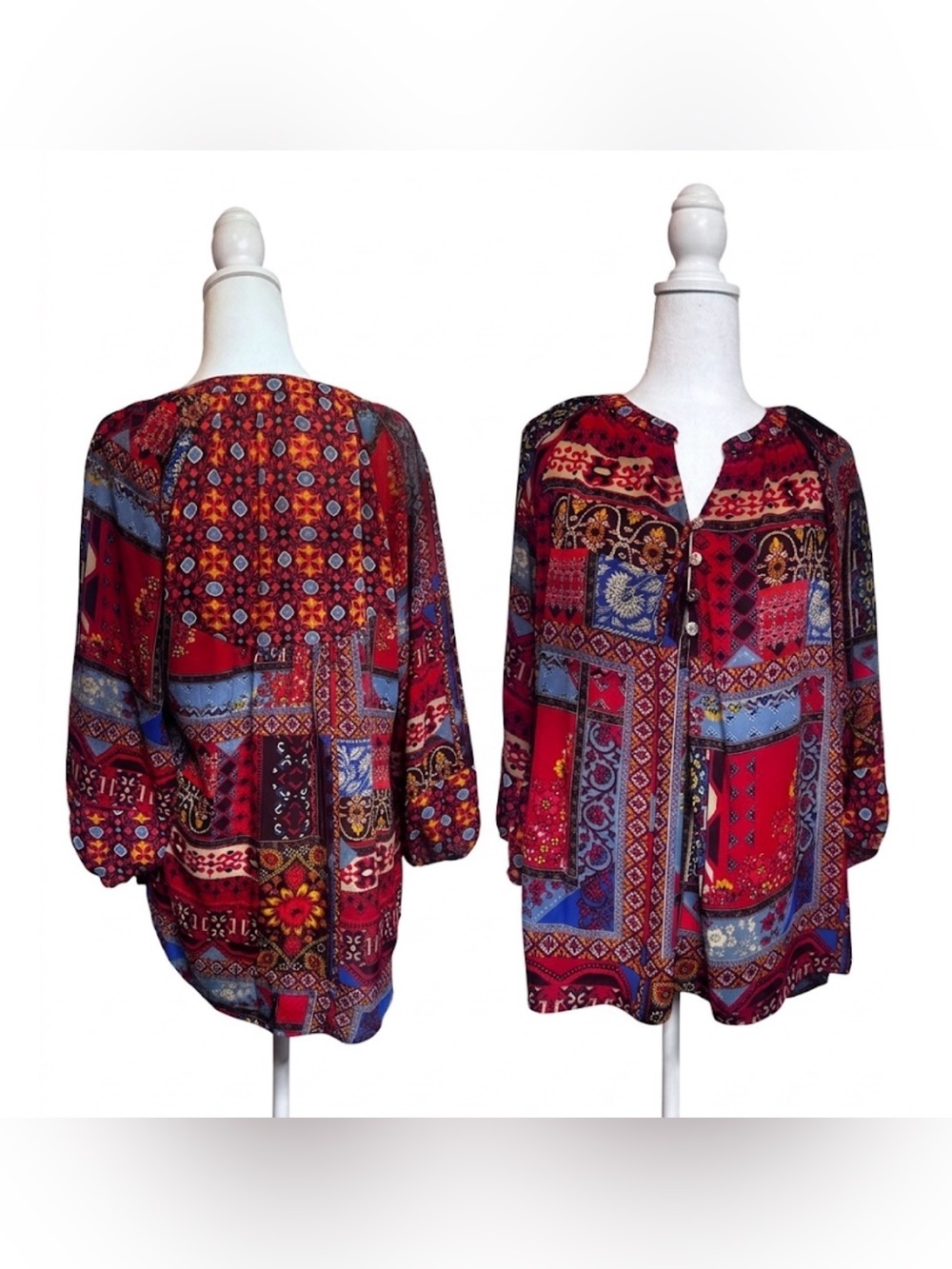 Bohemian Patchwork Print Blouse - Red